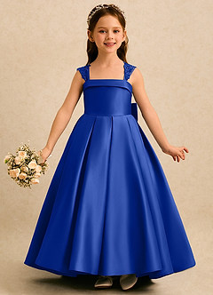 Azazie Genie Flower Girl Dresses Royal Blue Ball-Gown Off the Shoulder Matte Satin Dress image3