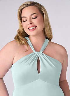 Barbie ♥ Azazie Bridesmaid Dresses Sea Glass Sheath Stretch Satin Dress image10