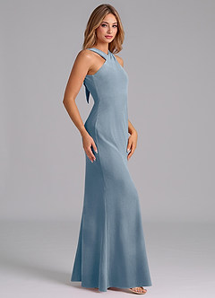 Azazie Doretta Vestidos de damas de honor Vestido de Azul Polvoriento de terciopelo de Corte Sirena con Plisado image5