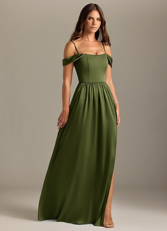 Azazie Calianna Bridesmaid Dresses Olive A-Line Off the Shoulder Stretch Satin Convertible Dress image7