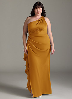 Azazie Latrice Bridesmaid Dresses Butterscotch Sheath One Shoulder Cascading Ruffles Stretch Satin Dress image6