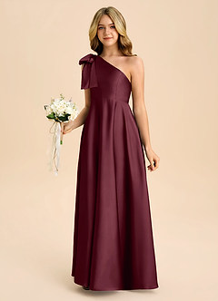 Azazie Penguin Junior Cabernet A-Line Bow Stretch Satin Dress image5