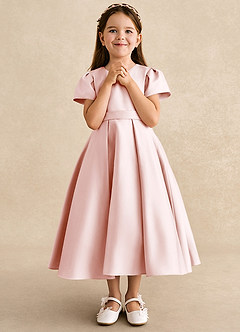 Azazie Princess Flower Girl Dresses Blushing Pink A-Line Pleated Matte Satin Dress image4