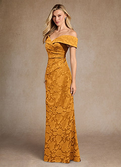 Azazie Canton Mother of the Bride Dresses Butterscotch Mermaid Off the Shoulder Floral Burnout Dress image2
