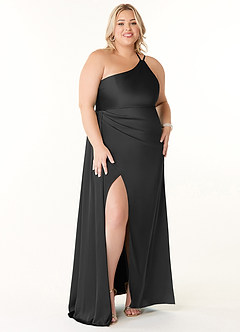 Azazie Maron At-home Try On Dresses Black A-Line One Shoulder Stretch Satin Dress image7