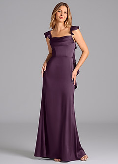 Azazie Adi Vestidos de damas de honor Vestido de Ciruela de Satén Elástico de Corte en A con Plisado image4