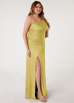 Azazie Eren Bridesmaid Dresses Canary Mermaid One Shoulder Stretch Satin Dress image8