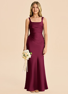 Azazie Agustina Junior Burgundy Sheath Pleated Stretch Satin Dress image6
