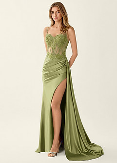 Celestianora Green Corset Stretch Satin Mermaid High Slit Prom Dress image4