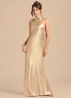 Azazie Velli Jurken voor bruidsmeisjes Jurk van Metaalachtig Satijn met Kolom Hoge Kraag Goud image3