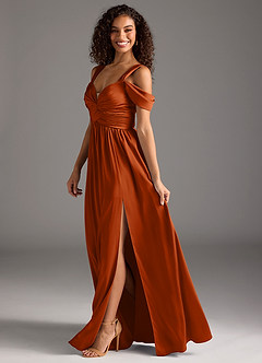Azazie Lianne Bridesmaid Dresses Burnt Orange A-Line Off the Shoulder Stretch Satin Dress image13