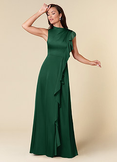 Azazie Narine Mother of the Bride Dresses Dark Green A-Line High Neckline Pleated Stretch Satin Dress image1