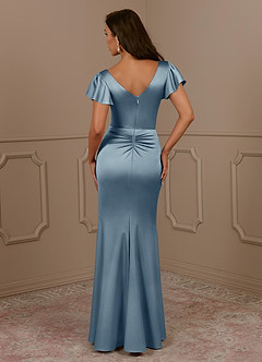 Azazie Roya Mother of the Bride Dresses Dusty Blue Mermaid V-Neck Pleated Stretch Satin Dress image4