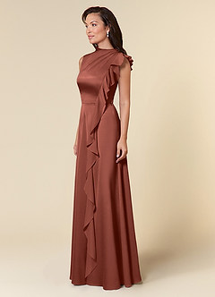 Azazie Narine Mother of the Bride Dresses Auburn A-Line High Neckline Pleated Stretch Satin Dress image2