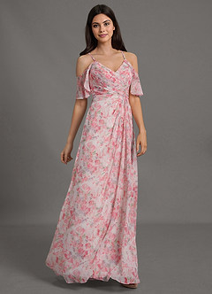 Azazie Dakota Bridesmaid Dresses Abstract Watercolor Floral A-Line V-Neck Pleated Chiffon Dress image5