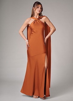 Azazie Kinsley Robes de demoiselle d'honneur Robe Sirène en Satin extensible Fente Latérale Cannelle image5