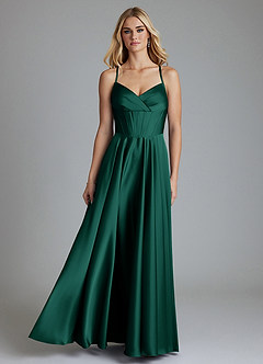 Azazie Alaia Final Sale Emerald A-Line Corset Stretch Satin Dress image1