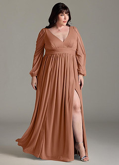 Azazie Norah Bridesmaid Dresses Bronzer A-Line V-Neck Long Sleeve Chiffon Dress image9