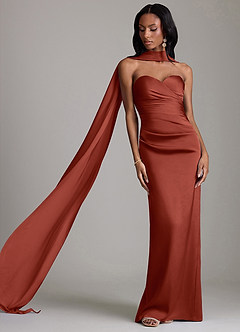 Azazie Sonora Vestidos de damas de honor Vestido de Terracota de Satén Elástico de Corte Recto con Sin tirantes image8