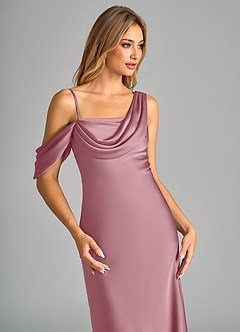 Azazie Celina Bridesmaid Dresses Vintage Mauve Sheath Off the Shoulder Stretch Satin Dress image7