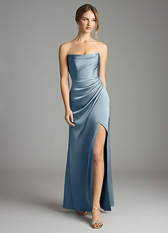 Azazie Leonis Brudtärnklänningar Klä av Sjöjungfru i Stretch Satin Plisserad Dammblå Konvertibel image5