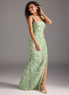 Azazie Jesaphine Vestidos de damas de honor Vestido de Floral Helecho Verde de Gasa de Corte Recto con Lazo image3