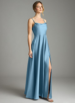 Azazie Elle Vestidos de damas de honor Vestido de Azul Acero de Satén Elástico de Corte en A con Plisado image4