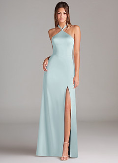 Azazie Elliana Bridesmaid Dresses Mist A-Line Side Slit Stretch Satin Dress image4