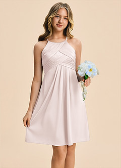 Azazie Ginny Junior Blushing Pink A-Line Pleated Stretch Satin Dress image3