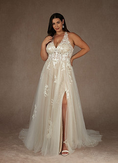 Azazie Dysis Wedding Dresses Diamond White Nude A-Line Halter Sequins Tulle Dress image6