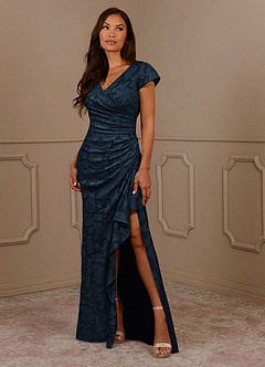 Azazie Roya vestidos de madre de la novia Vestido Azul Marino Oscuro de Devorado Floral de Corte Sirena con Drapeado image1