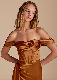 Azazie Amyra Bridesmaid Dresses Copper Mermaid Sweetheart Neckline Metallic Satin Convertible Dress image7