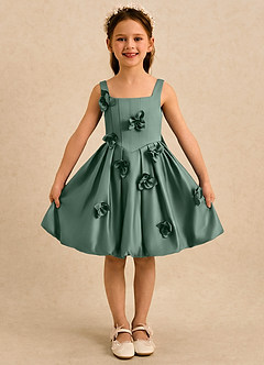 Azazie Lillian Flower Girl Dresses Eucalyptus Ball-Gown Pleated Matte Satin Dress image3