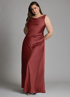 Azazie Nerine Bridesmaid Dresses Terracotta A-Line Pleated Stretch Satin Dress image10