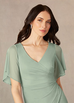 Azazie Selah Final Sale Dusty Sage A-Line V-Neck ruched Mesh Dress image3