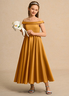 Azazie Teeny Junior Formal vestidos de niña de las flores Vestido de Caramelo de Satin Mate de Corte En A con Plisado image4