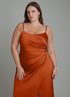 Azazie Calandra Bridesmaid Dresses Burnt Orange Sheath Pleated Stretch Satin Dress image13