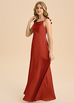 Azazie Gumdrop Junior Rust Empire Pleated Stretch Satin Dress image5