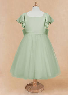 Azazie Kaeya Robe Demoiselle D'honneur Fillette Robe Trapèze en Tulle Arc Vert Sauge image5