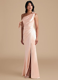 Azazie Xyla Bridesmaid Dresses Rose Gold Sheath Off the Shoulder Metallic Satin Convertible Dress image6