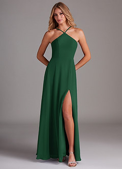 Azazie Bailey Vestidos de damas de honor Vestido de Verde Oscuro de Gasa de Corte en A con Halter Abertura lateral image5
