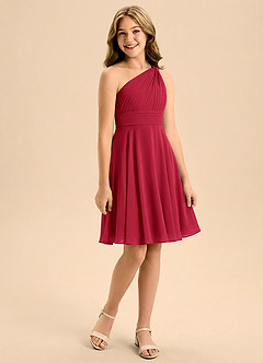 Azazie Charlize Junior Linia A Pofałdowany Szyfon Mini Młodsza druhna Sukienka image3