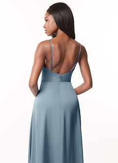 Azazie Brielle Bridesmaid Dresses Dusty Blue A-Line Cowl Spaghetti Straps Stretch Satin Dress image5