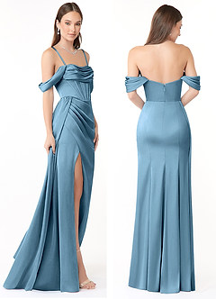 Azazie Amyra Bridesmaid Dresses Steel Blue Sheath Off the Shoulder Stretch Satin Convertible Dress image9