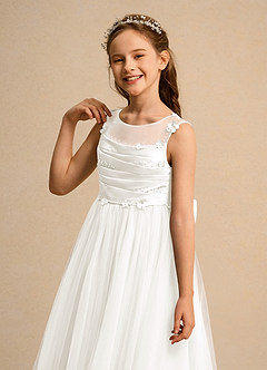 Azazie Snowball Girl Jurken voor bloemenmeisjes Baljurk Jurk van Tule Geplooid Ivoor image7