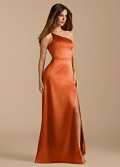 Azazie Trina Bridesmaid Dresses Burnt Orange A-Line One Shoulder Metallic Satin Dress image4
