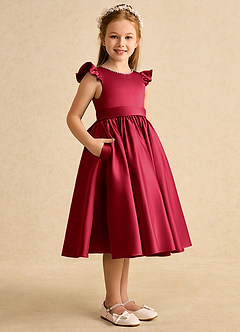 Azazie Dumpling Flower Girl Dresses Scarlet A-Line Bow Matte Satin Dress image3