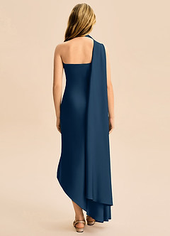 Azazie Briony Junior Vestido Azul Marinho de Cetim elástico de Bainha com Plissado image2