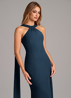 Azazie Kinsley At-home Try On Dresses Dark Navy Mermaid Pleated Chiffon Dress image7