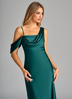 Azazie Celina Bridesmaid Dresses Peacock Sheath Off the Shoulder Stretch Satin Dress image7